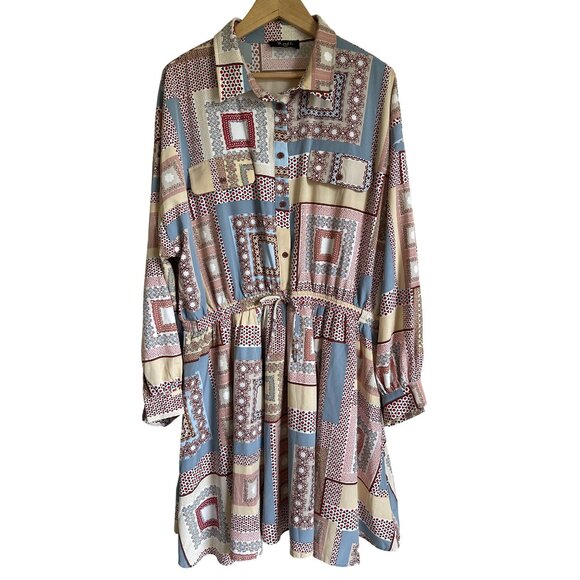 MERITT 3X Long Sleeve Mixed Print Shirt Dress Multicolor Boho Bohemian - Picture 1 of 9